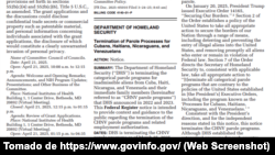 El anuncio de poner fin al programa de Parole Humanitario fue publicado en en el Registro Federal de los Estados Unidos.